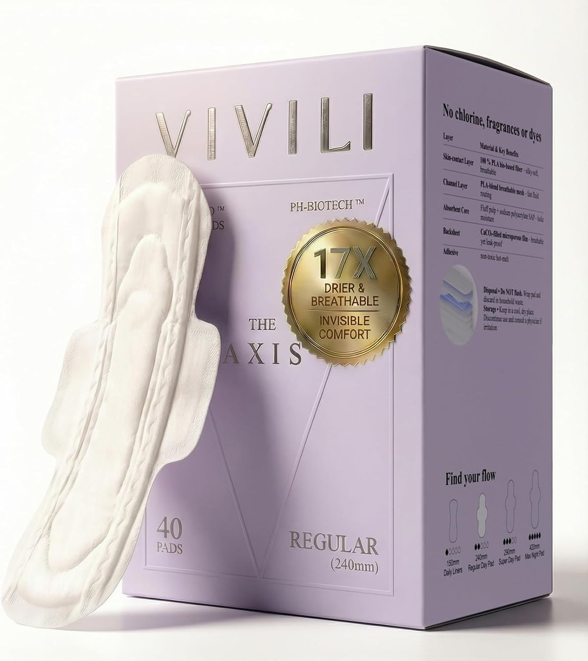 VIVILI Ultra Thin Pads for Sensitive Skin 9.5 inch with wings, 40 count