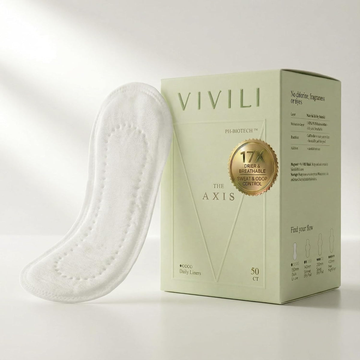 VIVILI pH 4.5 Daily Panty Liners, long 6 inch, 50 count
