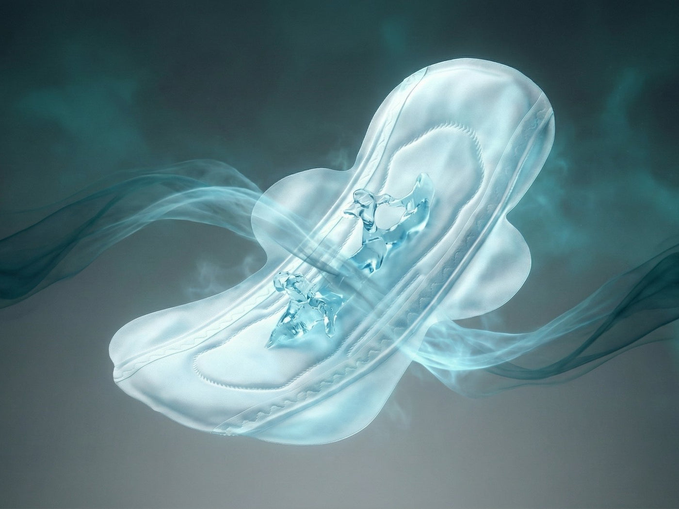 A VIVILI pad drawing fluid down into its core, rendered in soft teal light