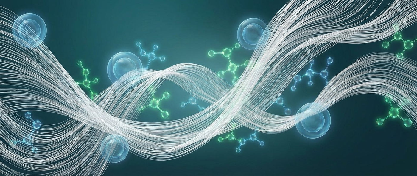 Silky white Bio-Silk fibres drifting through soft green light